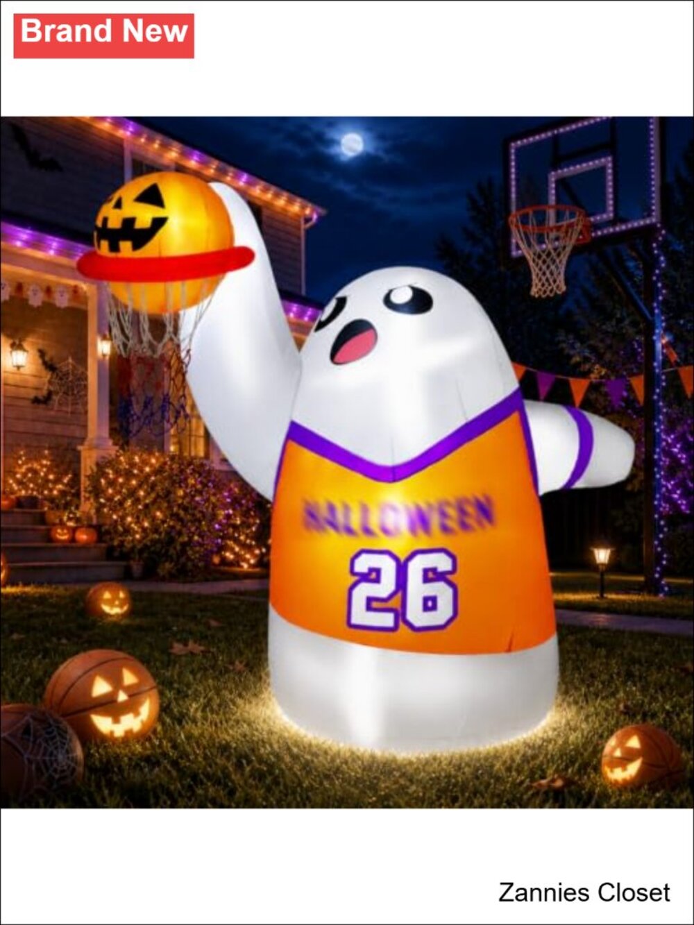 👻 5FT Halloween Inflatable Slam Dunk Ghost LED Blow Up Yard Decoration